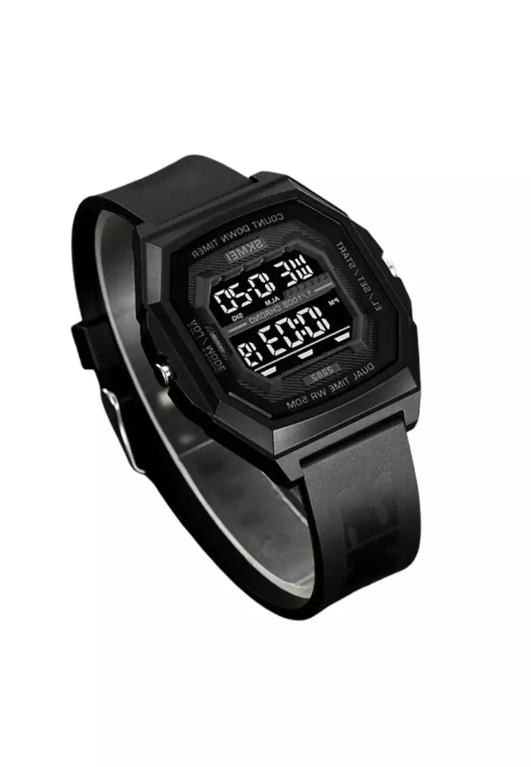 Jam Tangan Pria Digital Sport Watch EL Light Alarm Waterproof ORIGINAL - Black