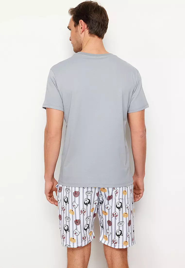 Gray Regular Fit Printed Knitted Shorts Pajamas Set TMNSS23PT00000