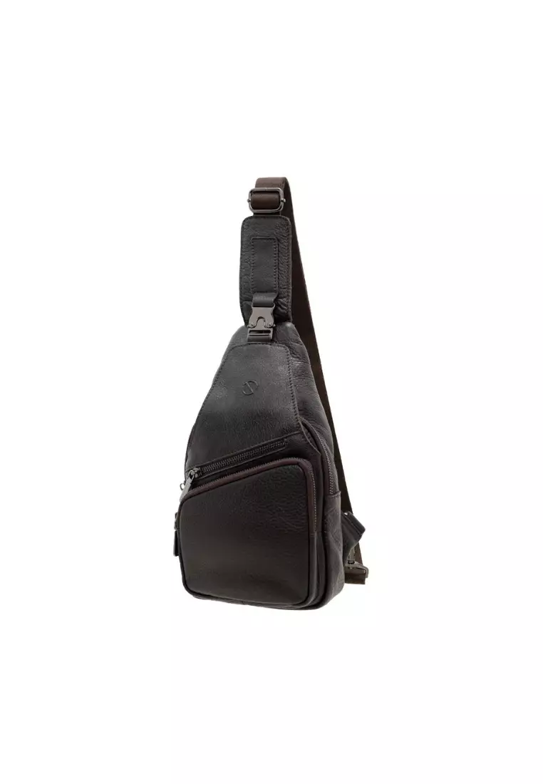Men's Grain Leather Trendy Crossbody Sling Bag with Multi Zip Pockets BAI 1120