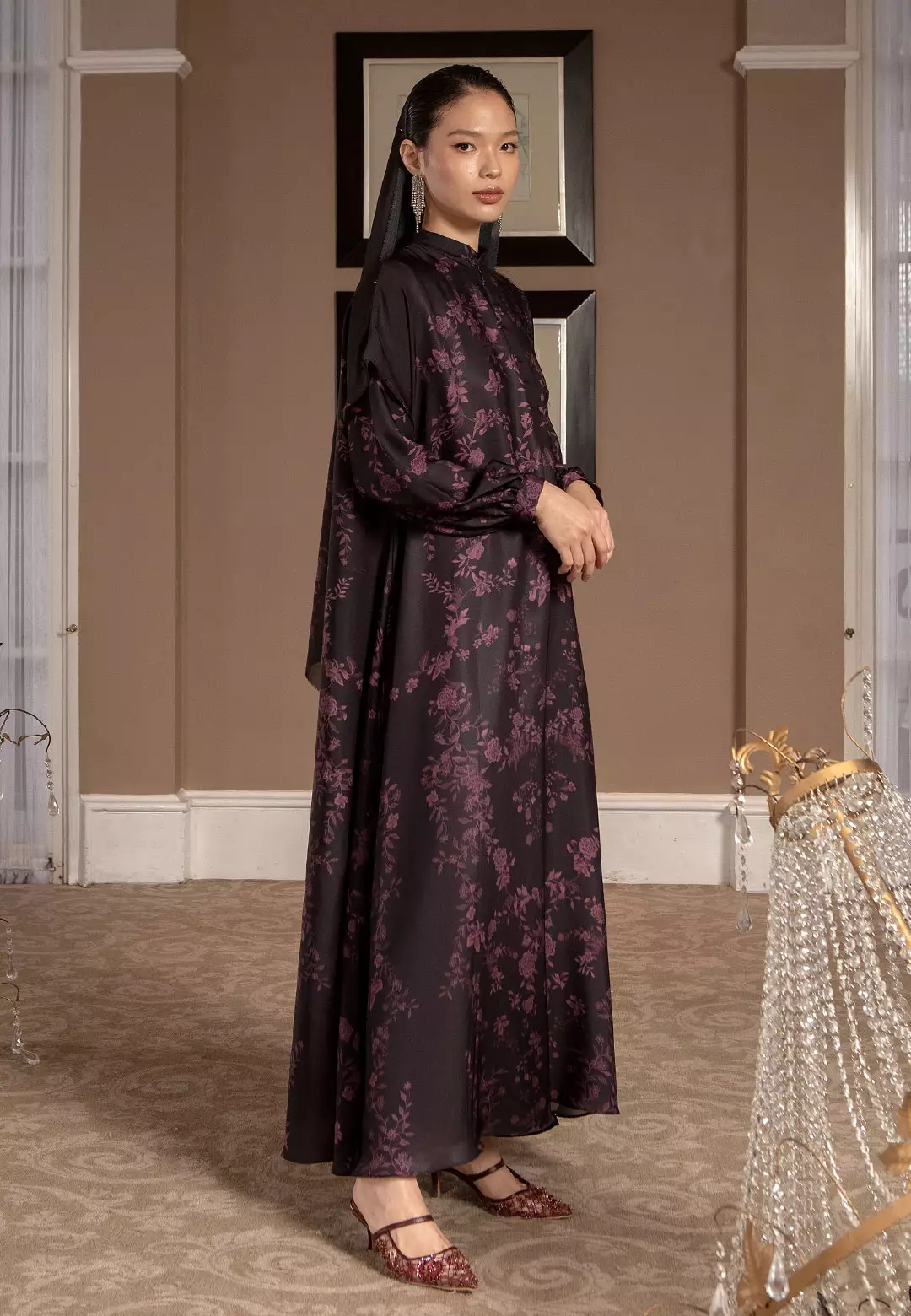 HijabChic Estelle Dress Plum - Dress Lebaran Wanita Motif Floral Modern Elegan