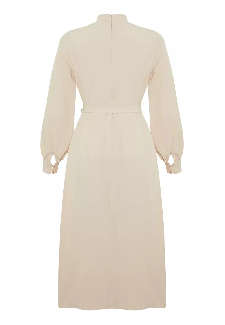 Stand Collar Belt Detailed Dress