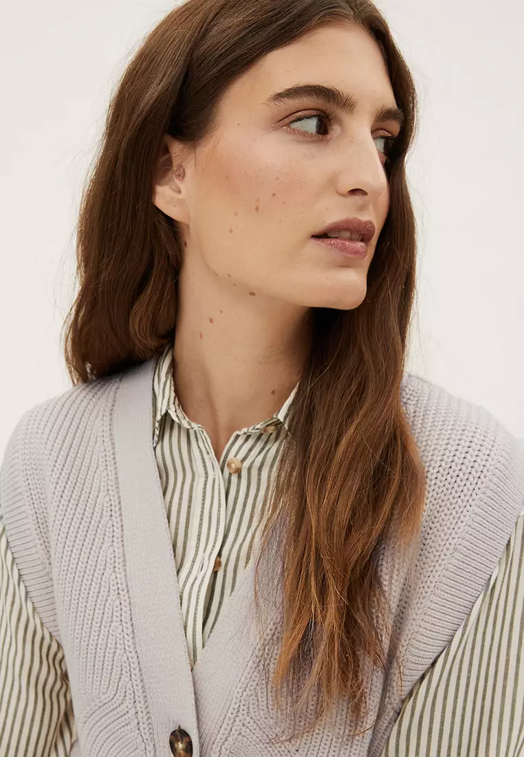 Cotton Rich Textured V-Neck Knitted Vest