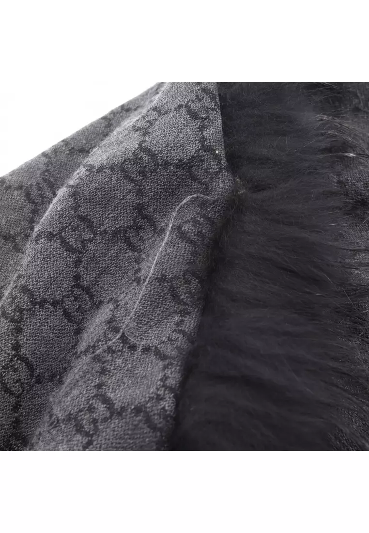 Pre-Loved Gucci GG pattern Stall shawl wool silk Dark gray with fox fur