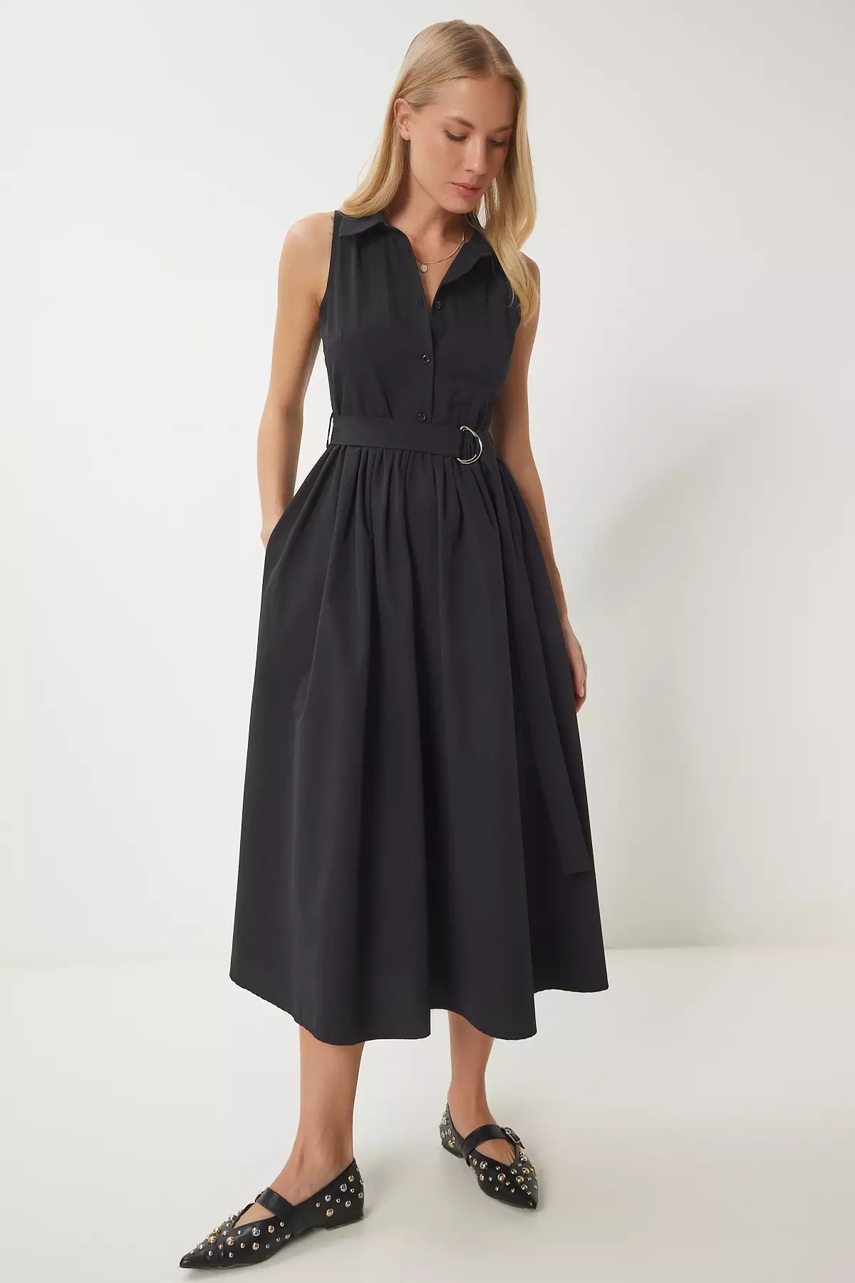 Jual Happiness Istanbul Women's Black Belted Poplin Midi Shirt