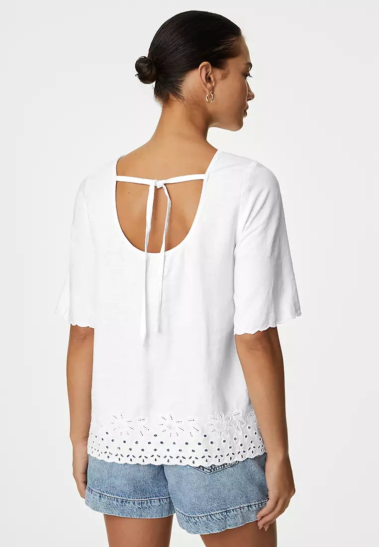 Linen Rich Broderie Regular Fit Top