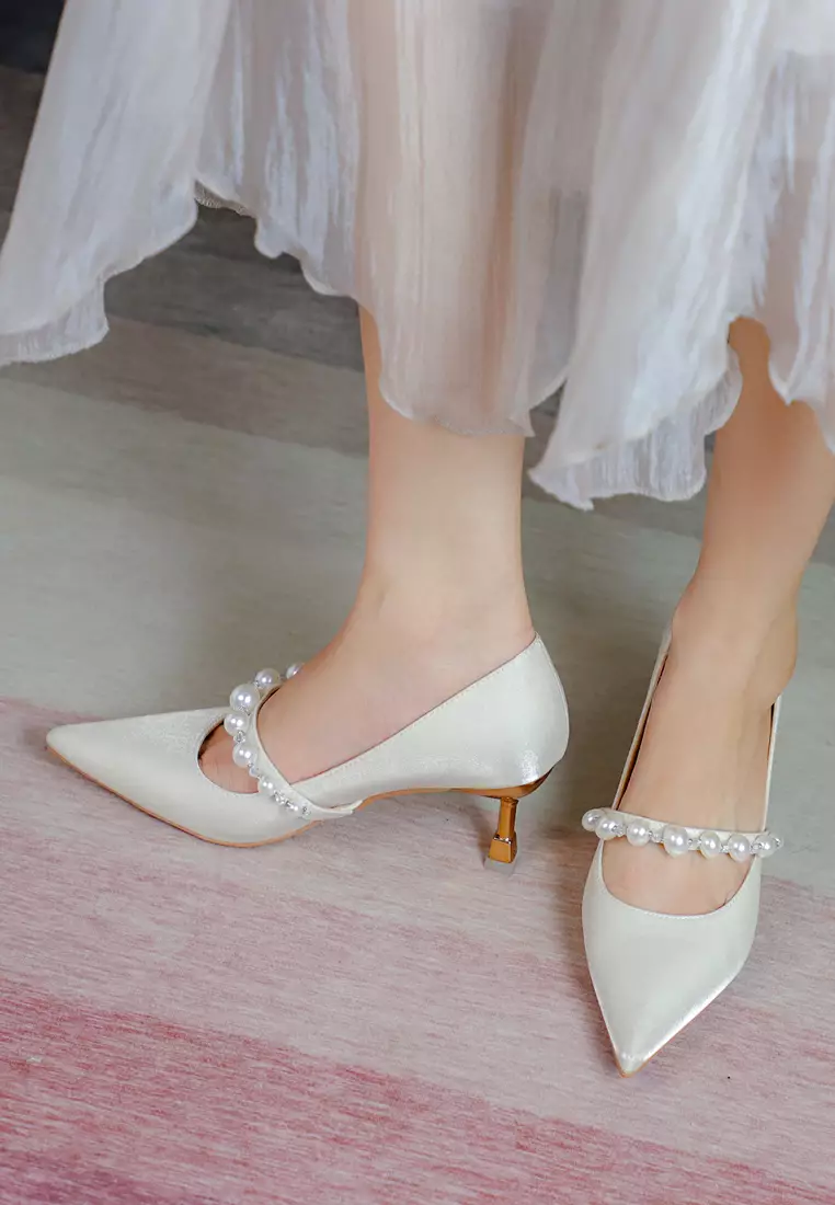 6CM Pearl Strap Satin Fabric Pumps 2170-8