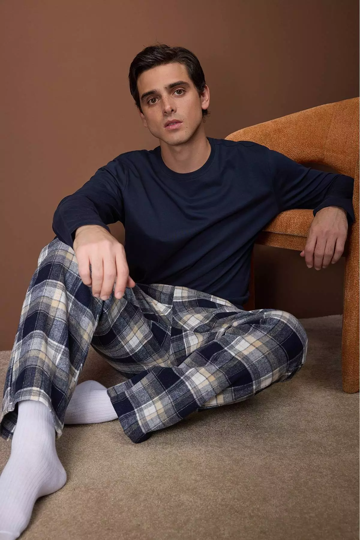 Navy Blue Regular Plaid / Checkered Woven Pajama Set Tmnaw26Pt00061