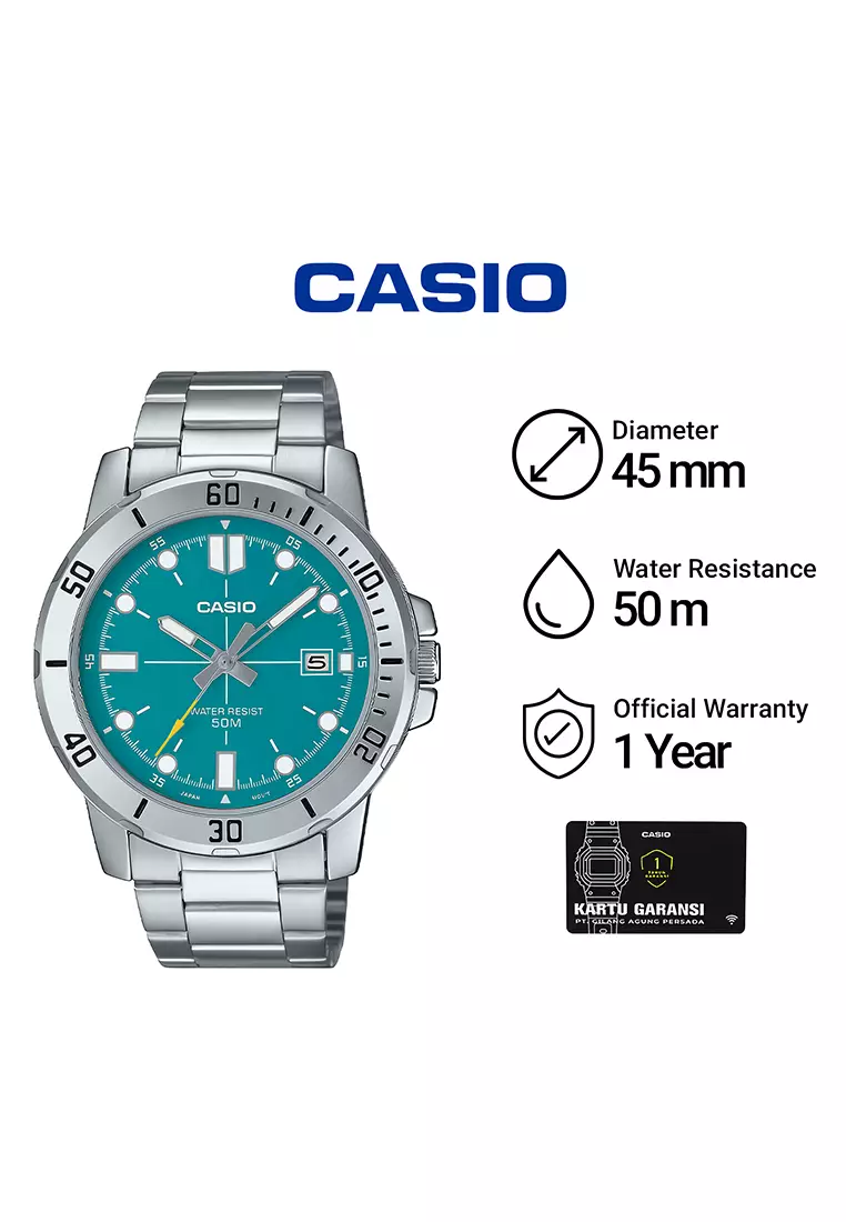 Casio Standard Series - Jam Tangan Analog Pria - Green Dial Silver Stainless Steel - MTP-VD01D-3E2V