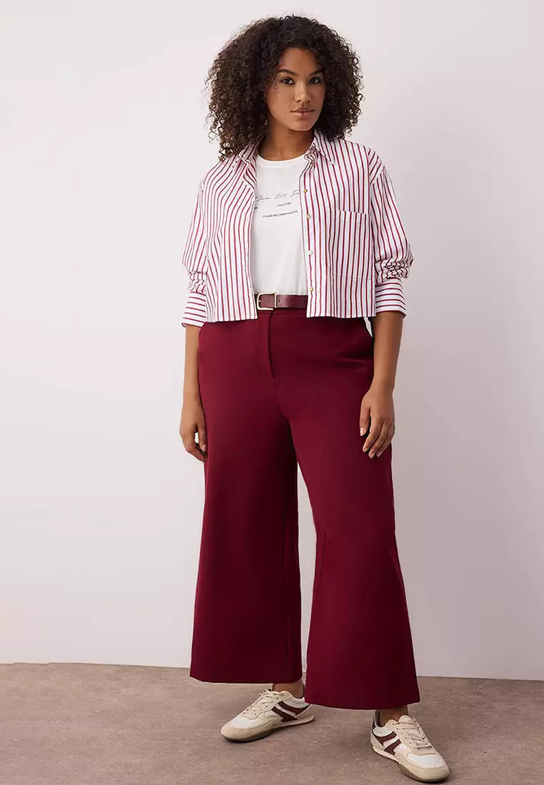 Burgundy Wide Leg Premium Belted Plus Size Trousers Tbbaw26Ar00001