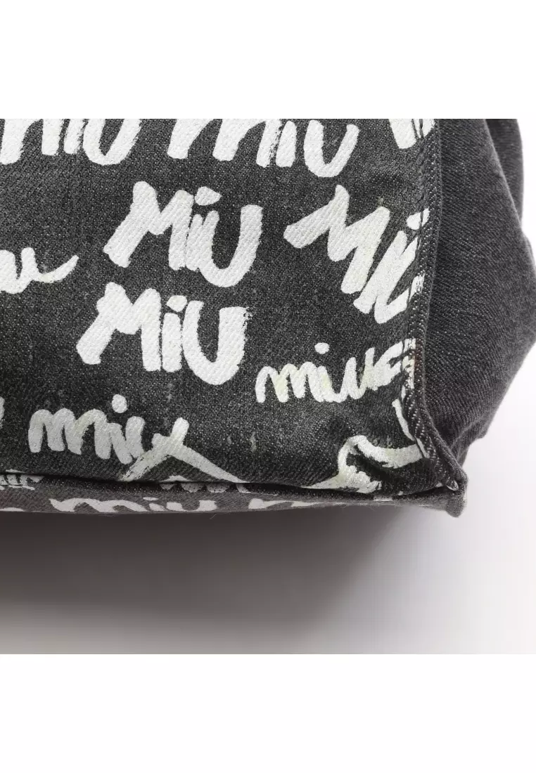 Pre-Loved MIU MIU Ⅾenim LOGO Handbag tote bag canvas gray white 2WAY