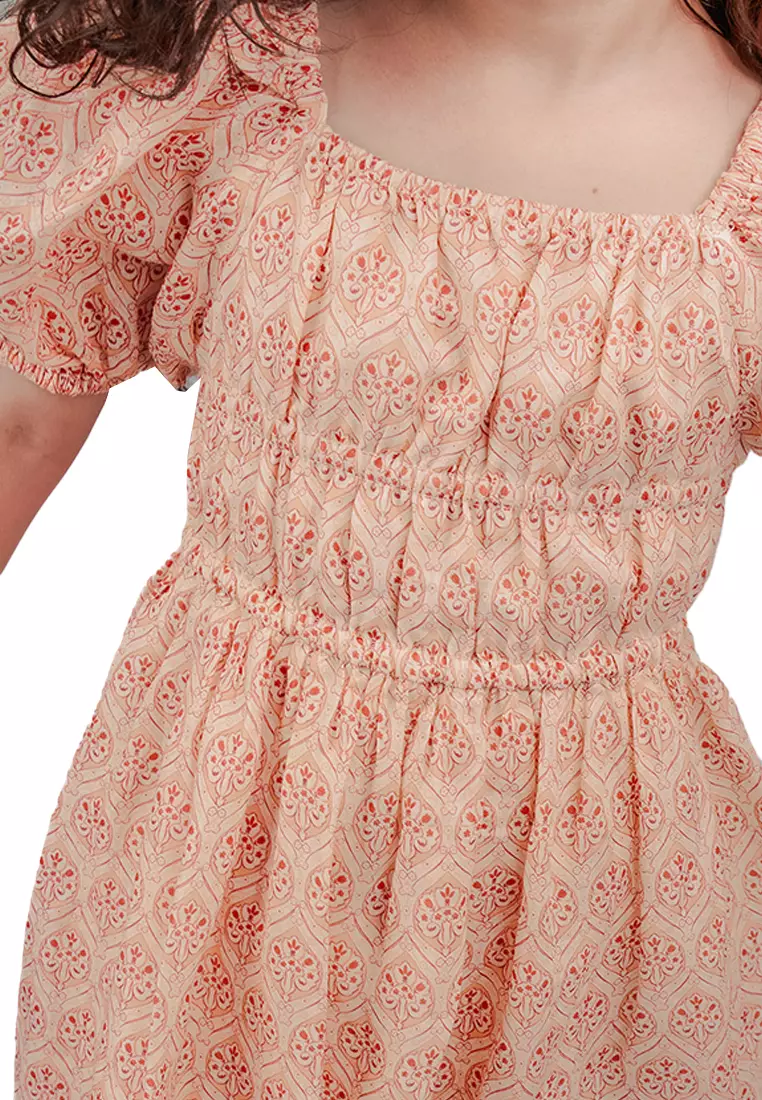 Girls Blocked Print Smocked Bodice Dress With Puff Sleeves