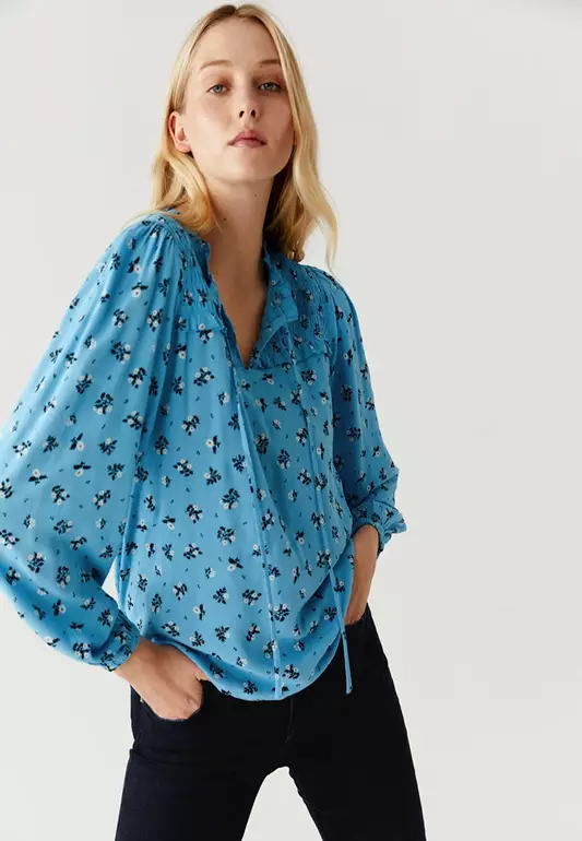 Printed Smocked Long Sleeve Popover Blouse