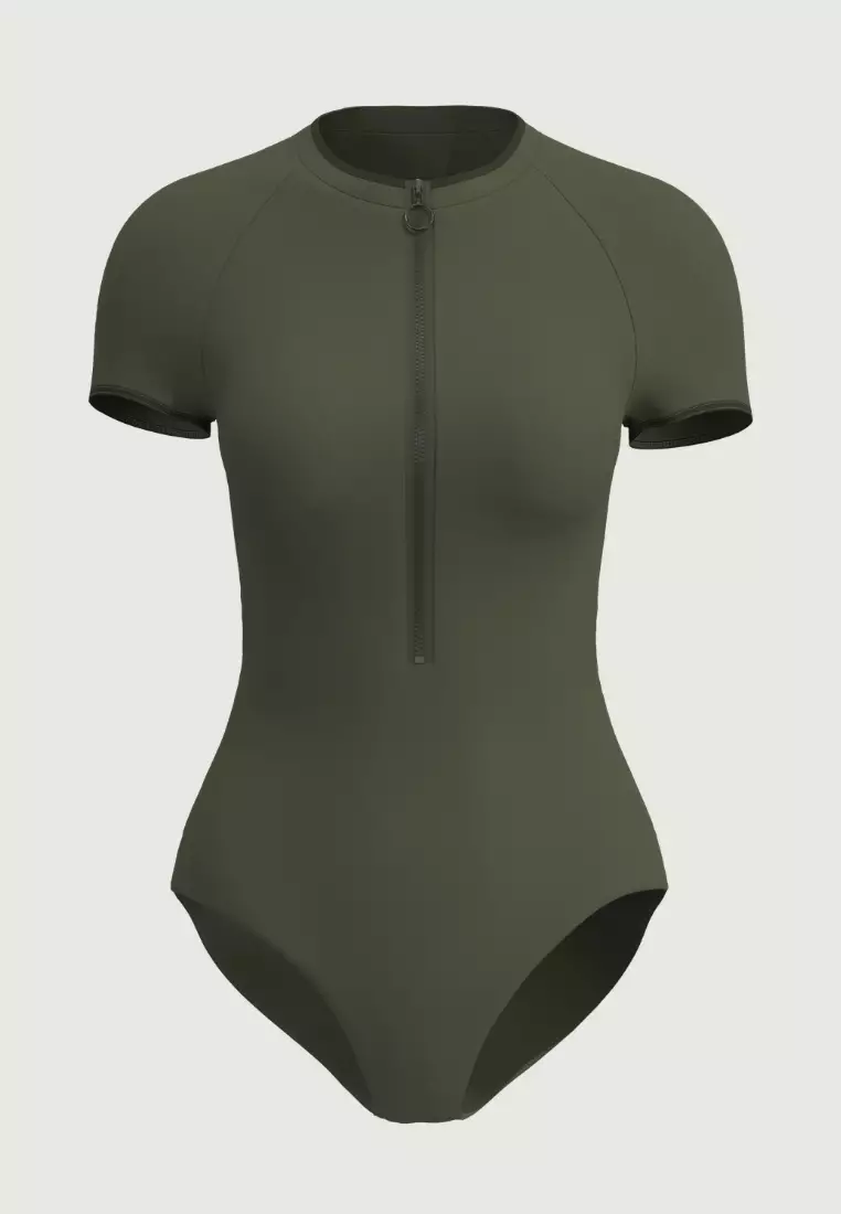 Soulistic Solid軍綠色前置拉鍊短袖連身泳衣