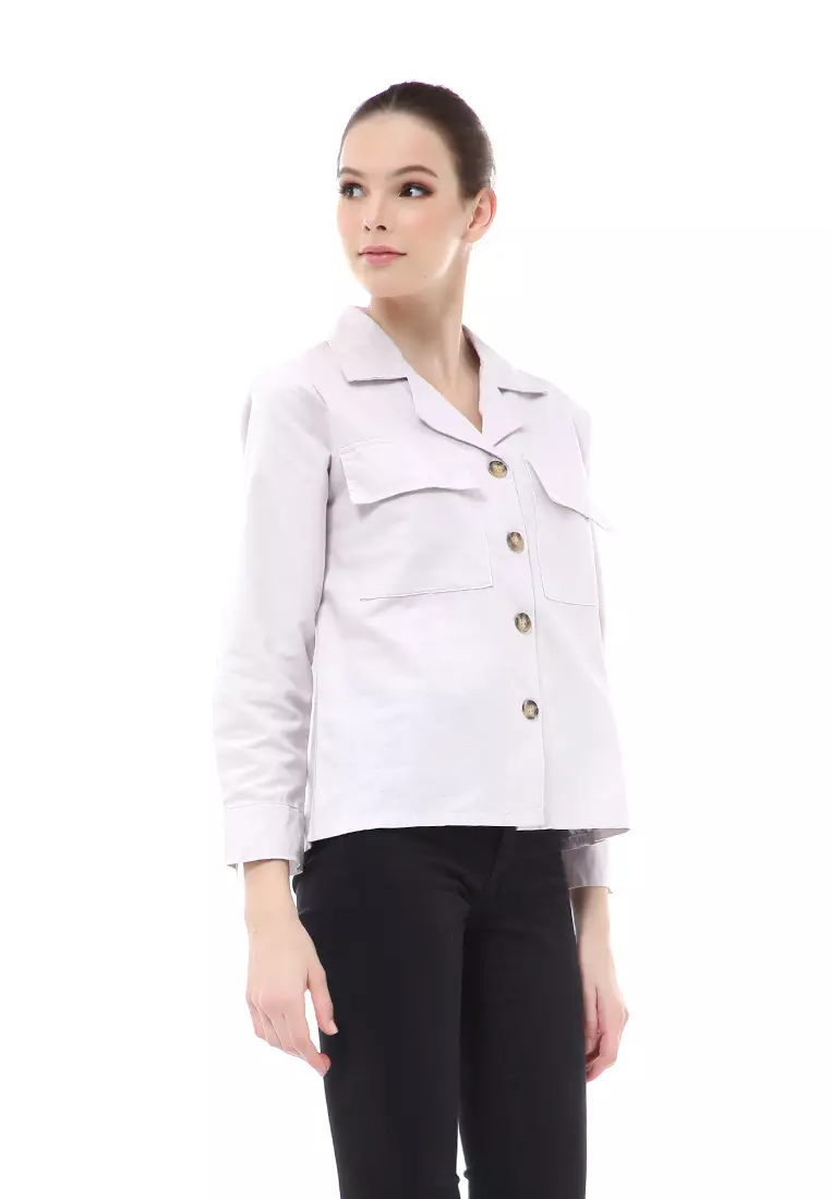 Brielle Atasan Wanita Kemeja Pocket Plain Motive Lengan Panjang Material Linen ORIGINAL - Ash Gray