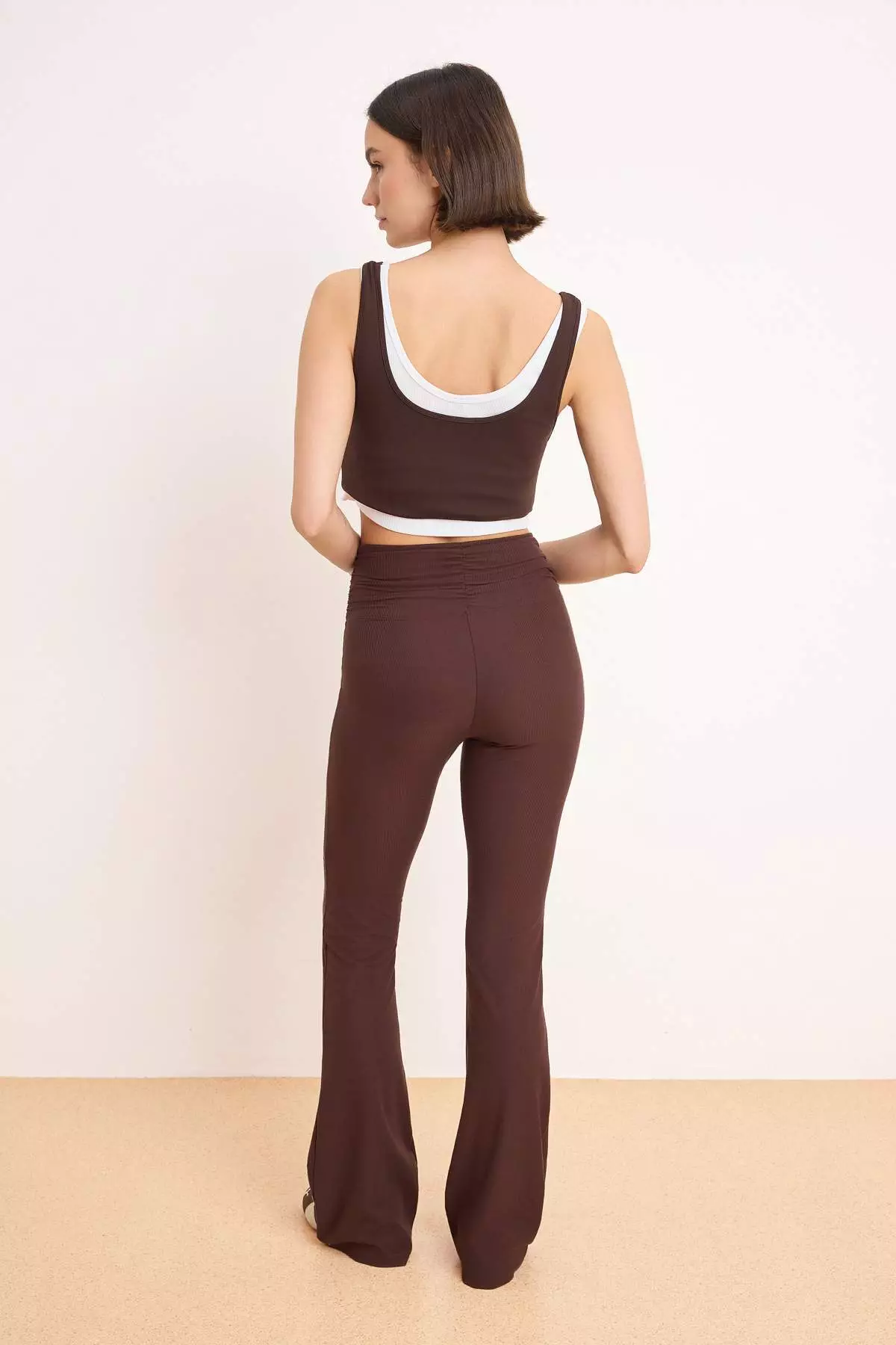 Brown Flare/Spanish Leg High Waist Long Ribbed Stretchy Knitted Trousers Twoss26Pl77