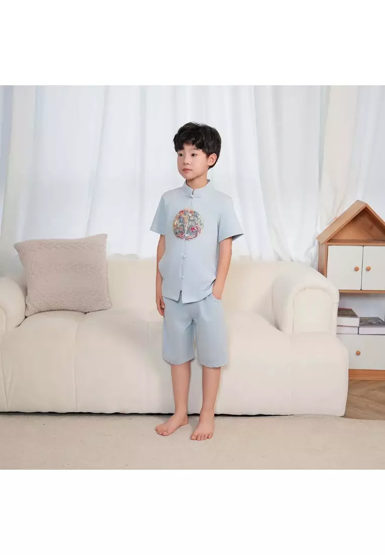 活力與智慧藍色男童唐装汉服上衣搭配短褲拜年服0844