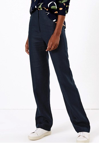 MARKS & SPENCER navy Linen Straight Trousers 3A544AAC243B6FGS_1
