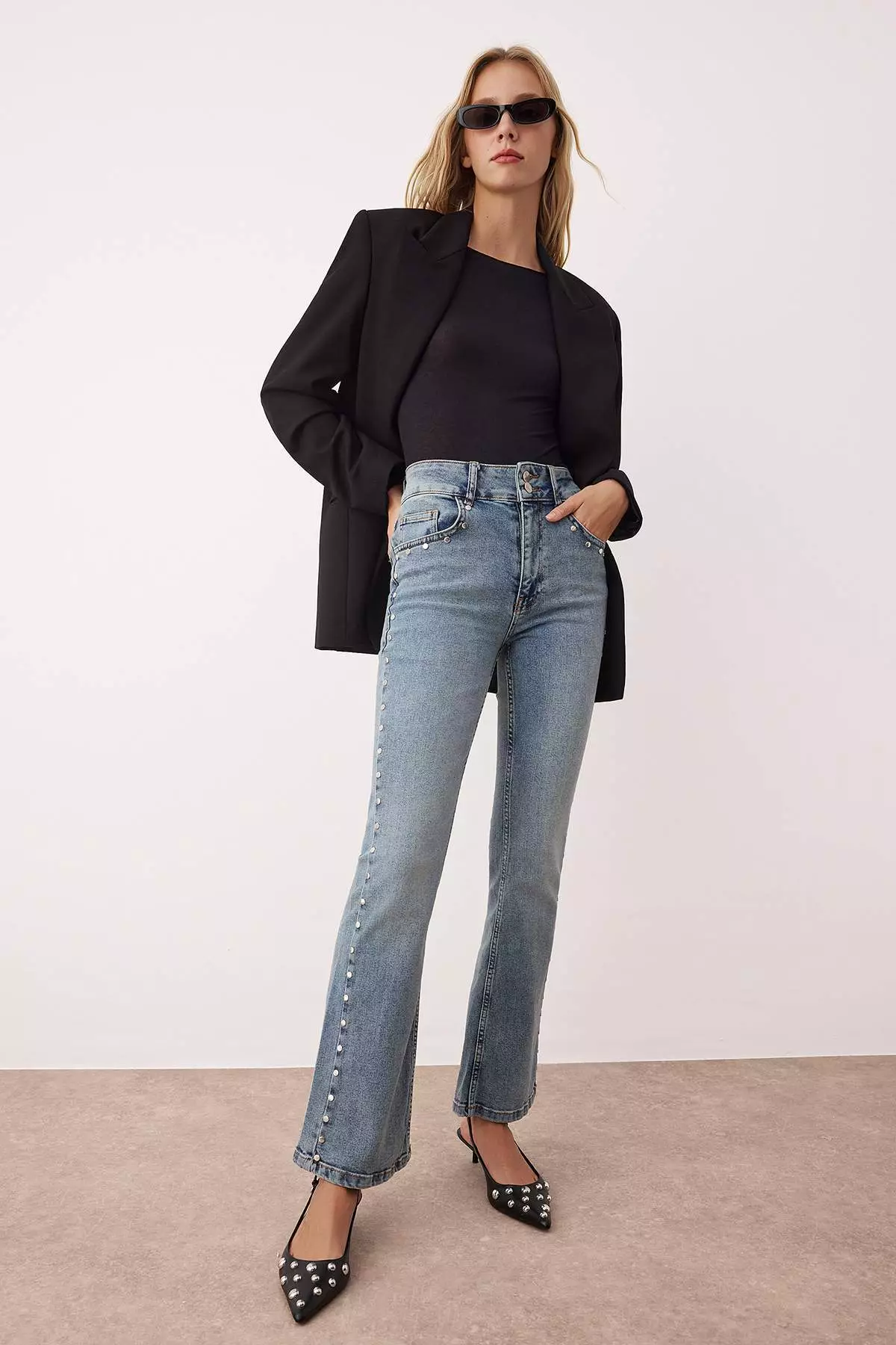 Blue Stone Detailed High Waist Flare Jeans Twoaw26Je00035