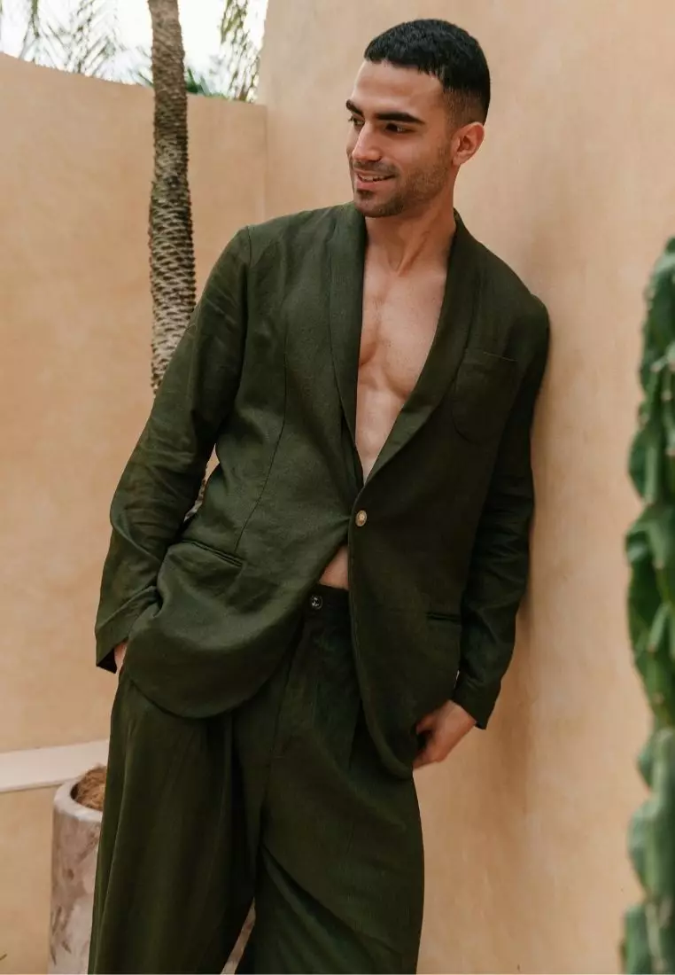 Midnight Green Setelan Blazer Celana Linen Pria Hijau Army - Linen Blazer Set for Men Army Green
