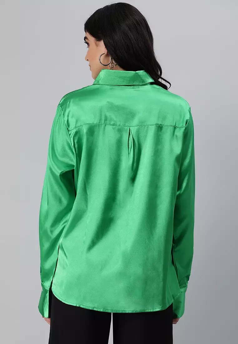 Blus Kemeja Satin Lengan Panjang Hijau