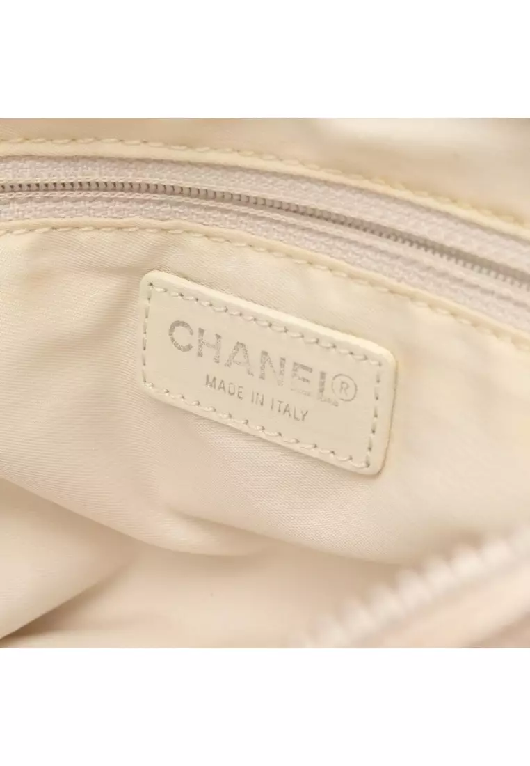 Pre-Loved Chanel Handbag nylon canvas leather beige silver hardware 2WAY