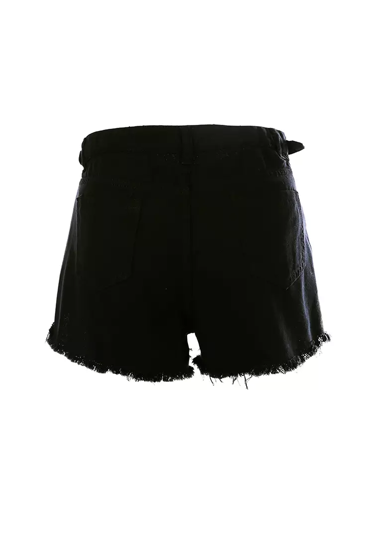 Celana Pendek Hitam Punk Berikat Pinggang Tinggi