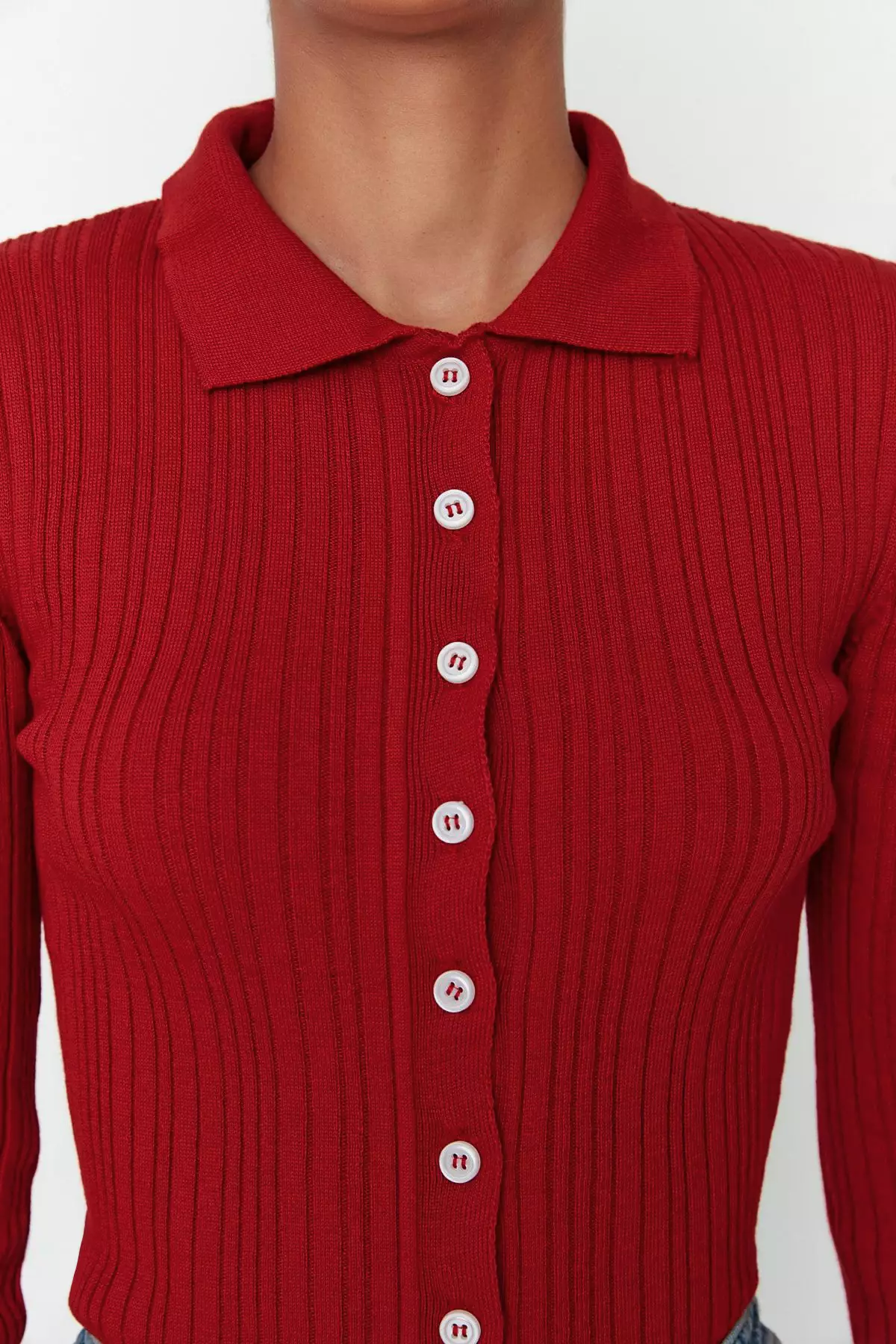 Burgundy Mercerized Look Ribbed Polo Neck Knitwear Cardigan