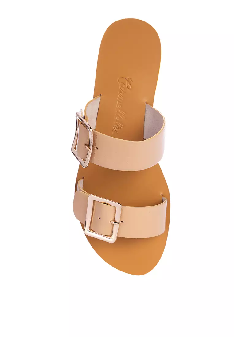 Two Strap Leather Slide Flats