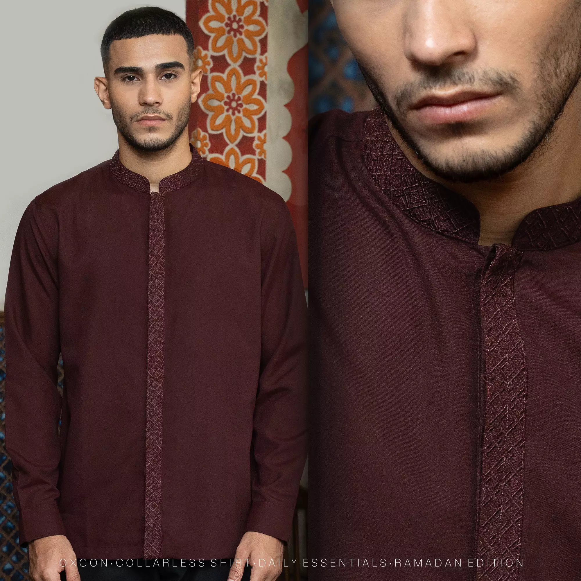 Kemeja Koko Bordir Azril Tangan Panjang Pria Muslim Lebaran Maroon