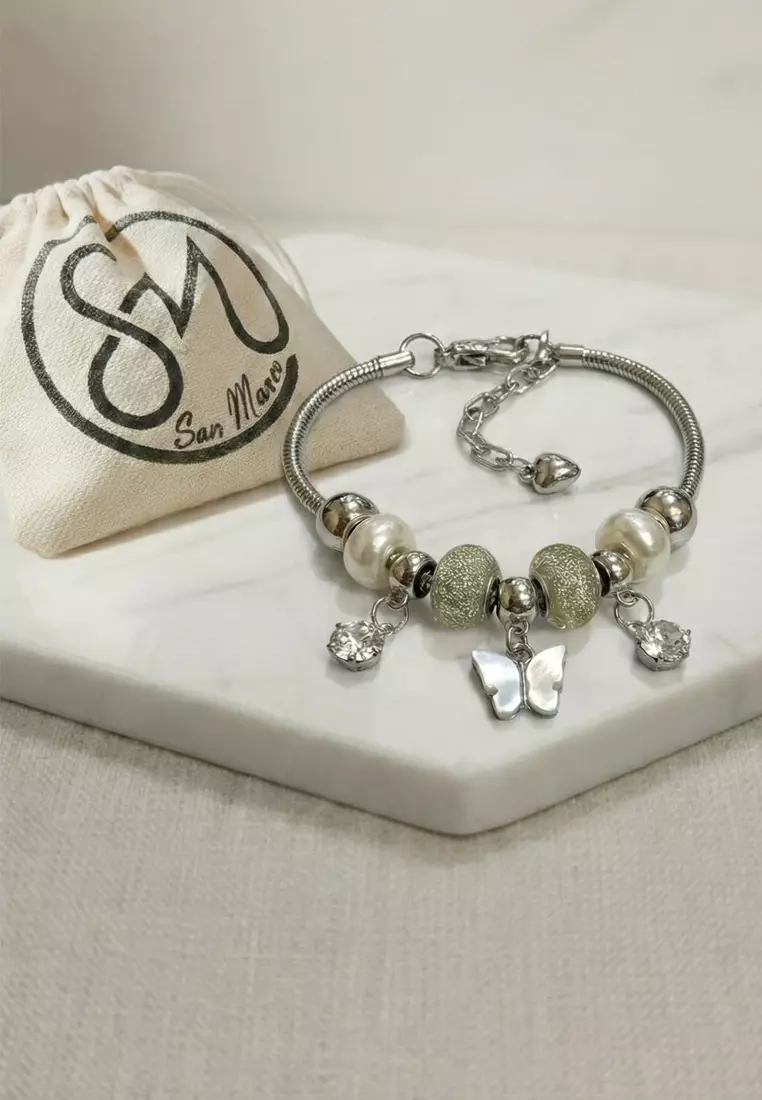 Accessories Wanita Pearly Butterfly  Pomora Charm Bracelet Gelang Wanita Silver & White