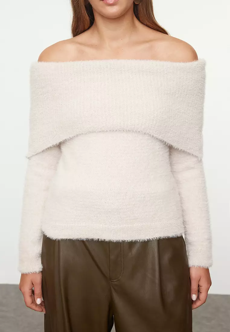 Stone Carmen Collar Hairy/Beard Thread Knitwear Sweater TWOAW24KZ00121