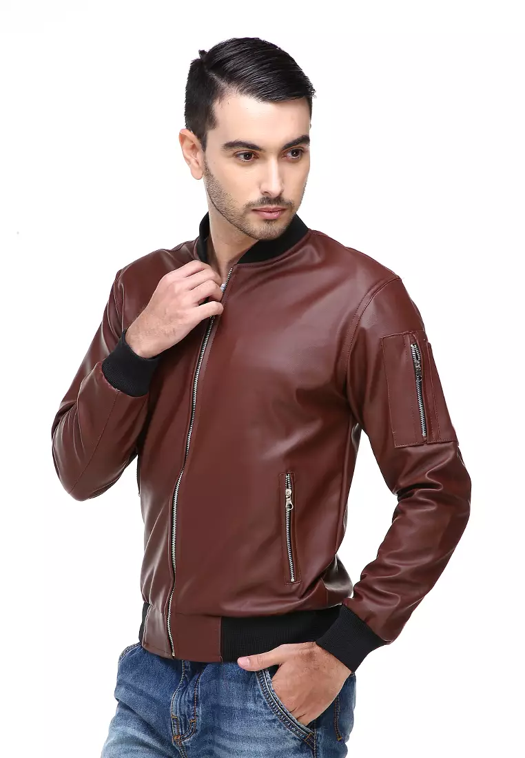 Clover Jaket Bomber Pria Now Ori Soft Material Leather Kulit ORIGINAL - Brown