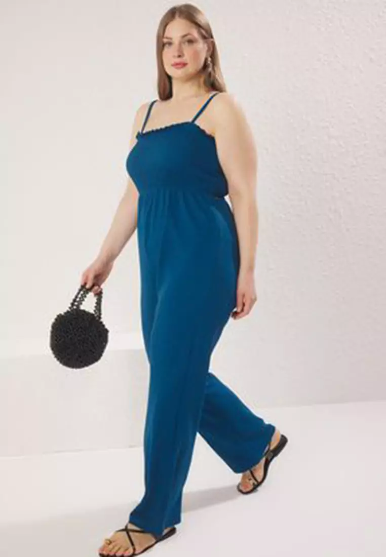 Blue Strappy Knitted Plus Size Jumpsuit Tbbss25Bg00011