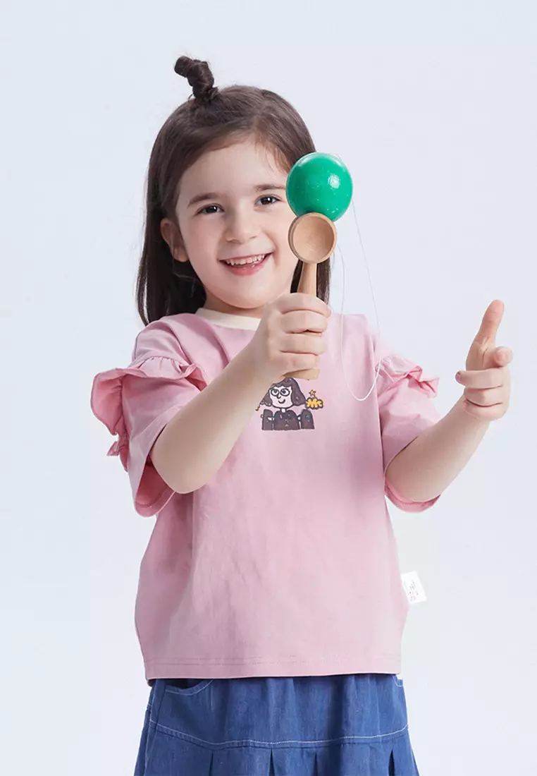 女小童短袖T恤趣味笔触感印花木耳边T恤