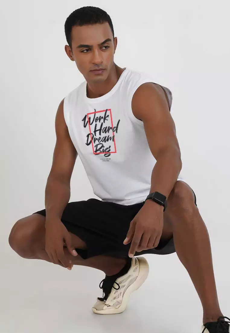 Work Hard Dream 大号白色棉质无袖健身/训练背心