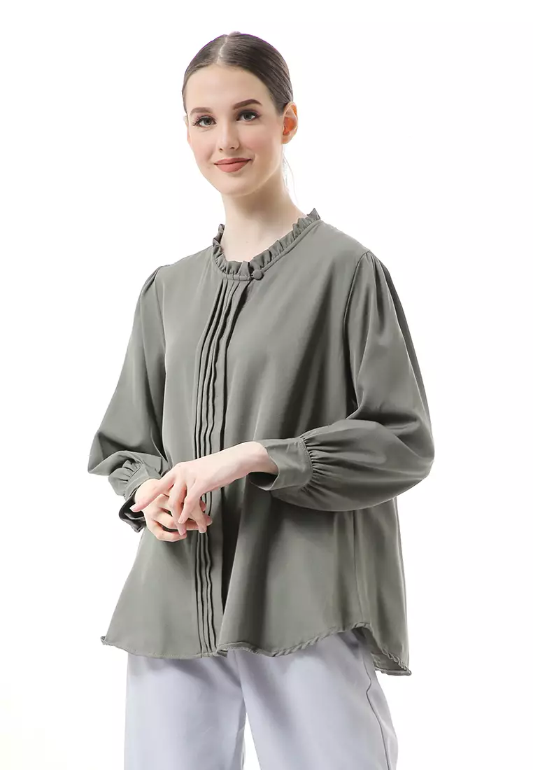 Vionka Kemeja Atasan Wanita Opnaisel Motif Polos - Dark Gray