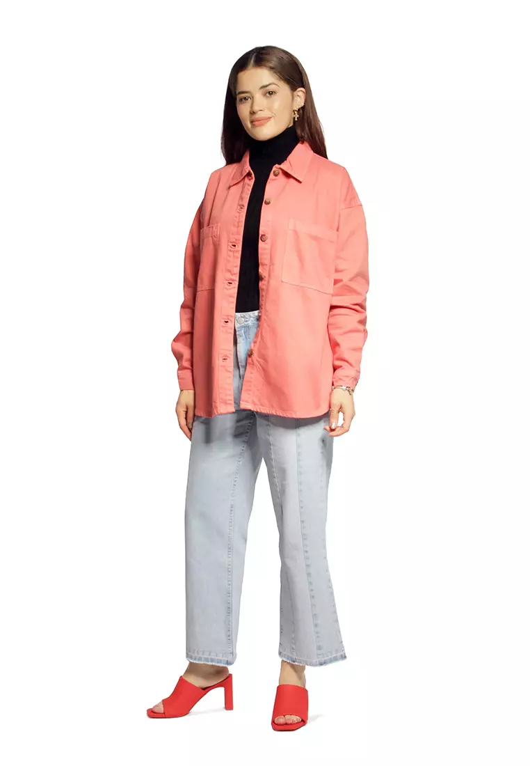 Coral Tie Up Detail Twill Shacket