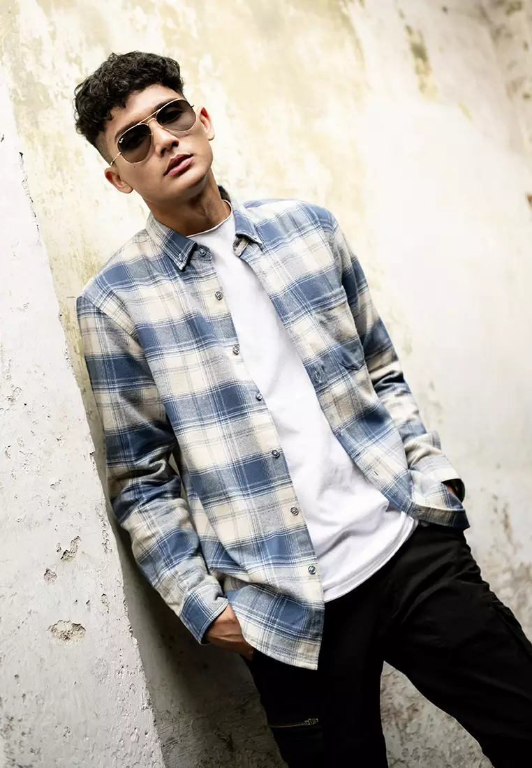 Kemeja Flannel Cotton OXCON khakis Light Blue Jeans