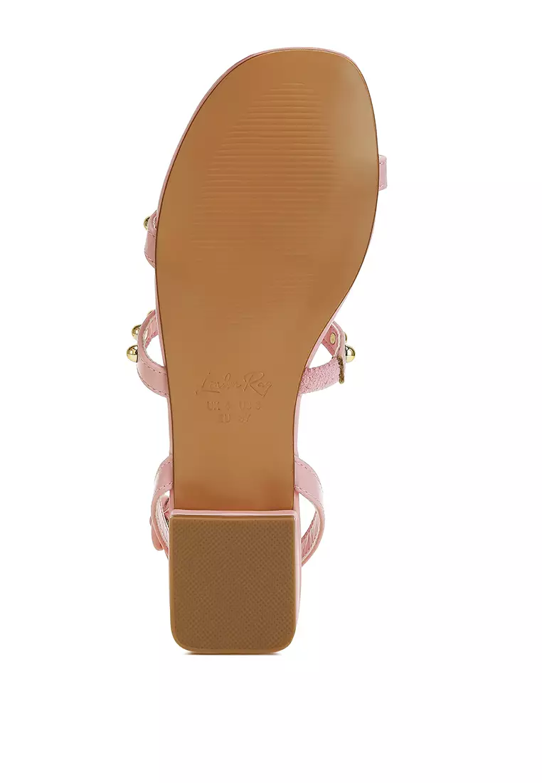 Studded Ankle Strap Flat Sandals in Pink