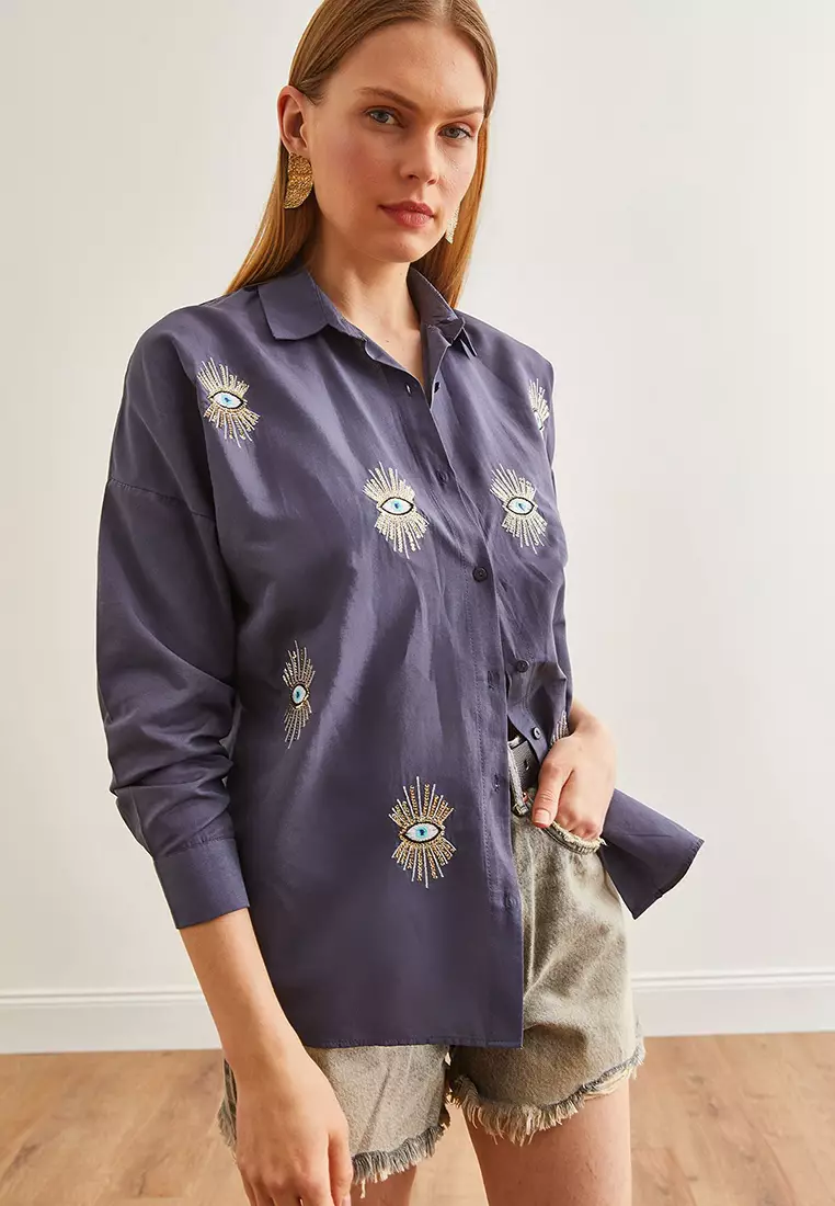 Eye Sequin Detailed Woven Boyfriend Shirt