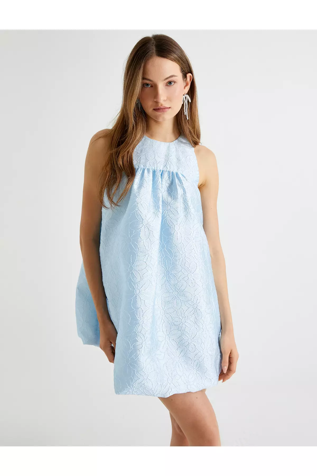 Floral Mini Balloon Dress Sleeveless Flounces Round Neck