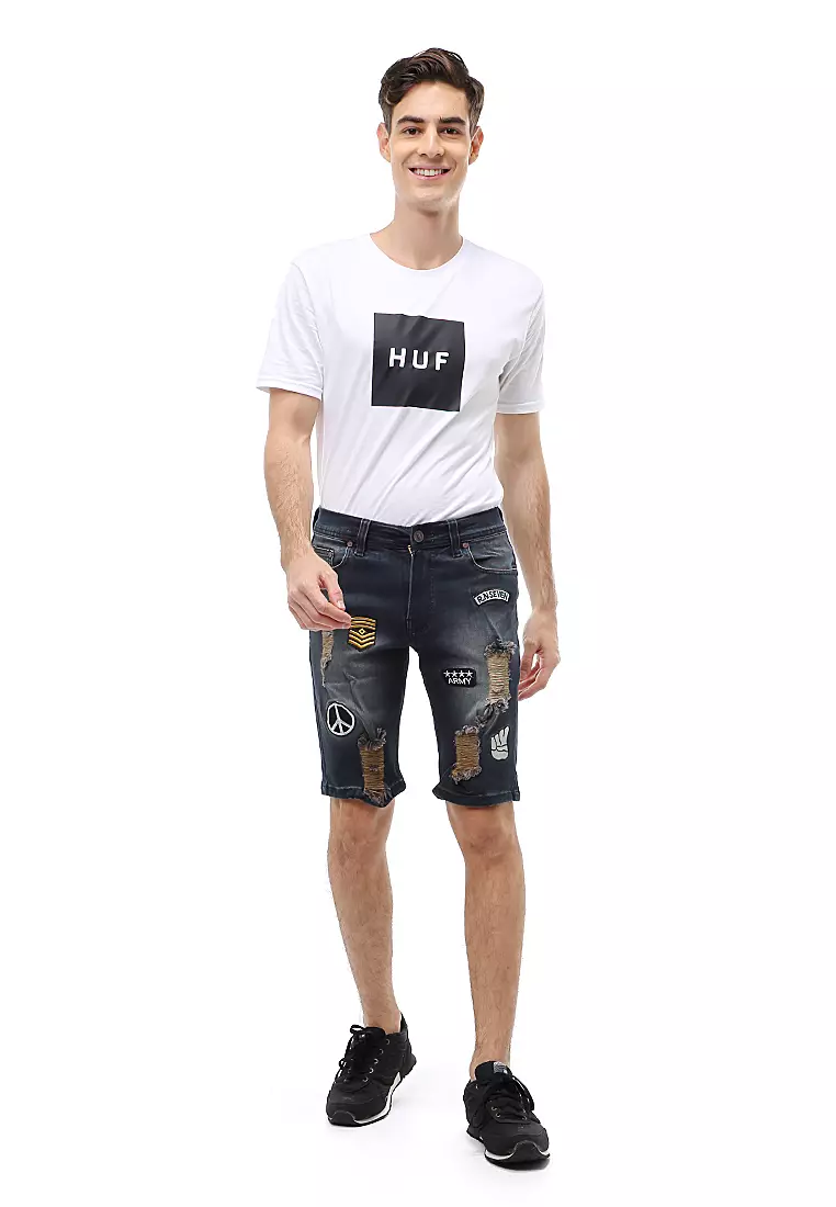 Locko Short Pants Ripped Jeans Celana Pendek Pria Sticker Motive Material Denim ORIGINAL - Biothing