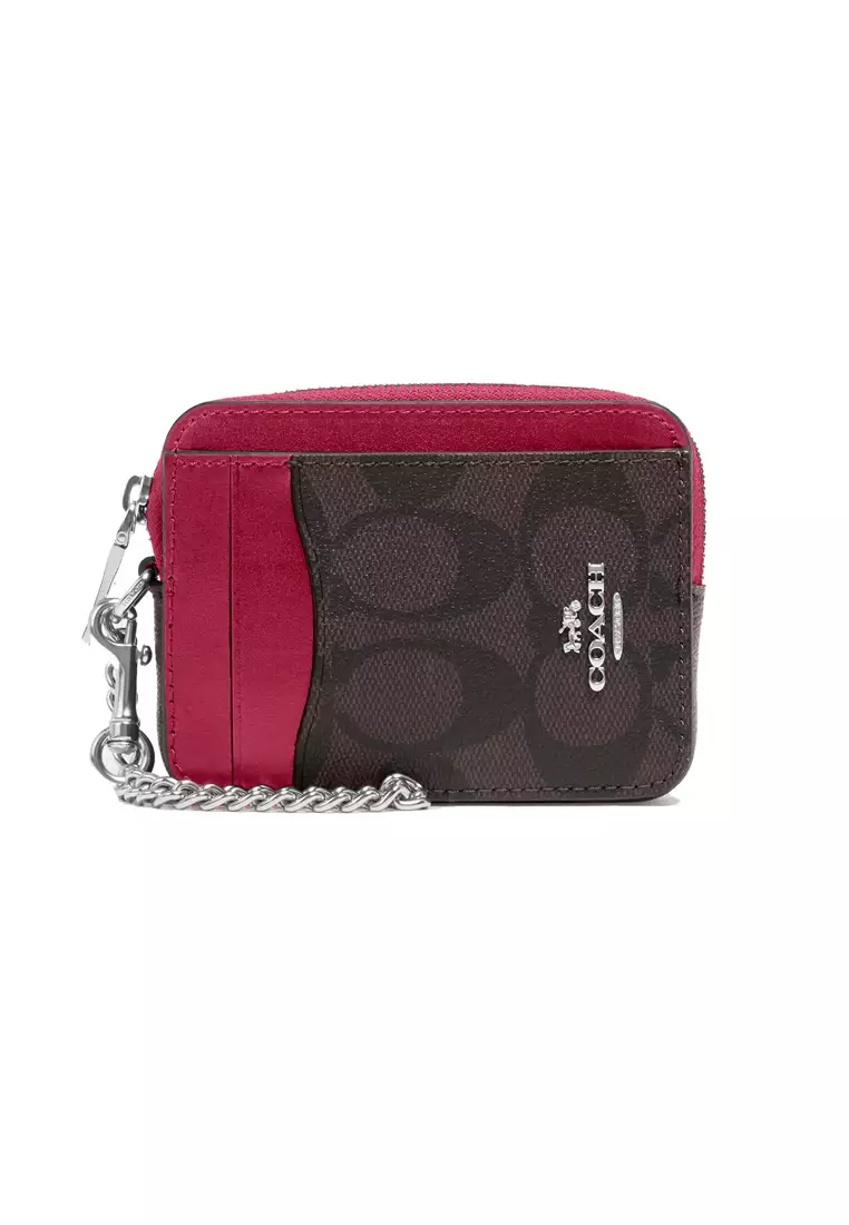 Buy Coach COACH Zip Card Case In Signature Canvas Brown/Bright Violet