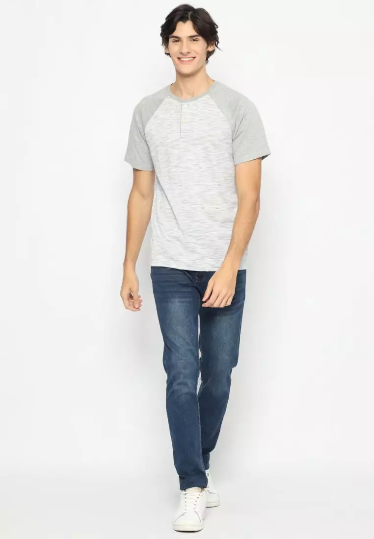 MATSUDA Kaos Pria T Shirt Henley Texture Slub Kawagoe