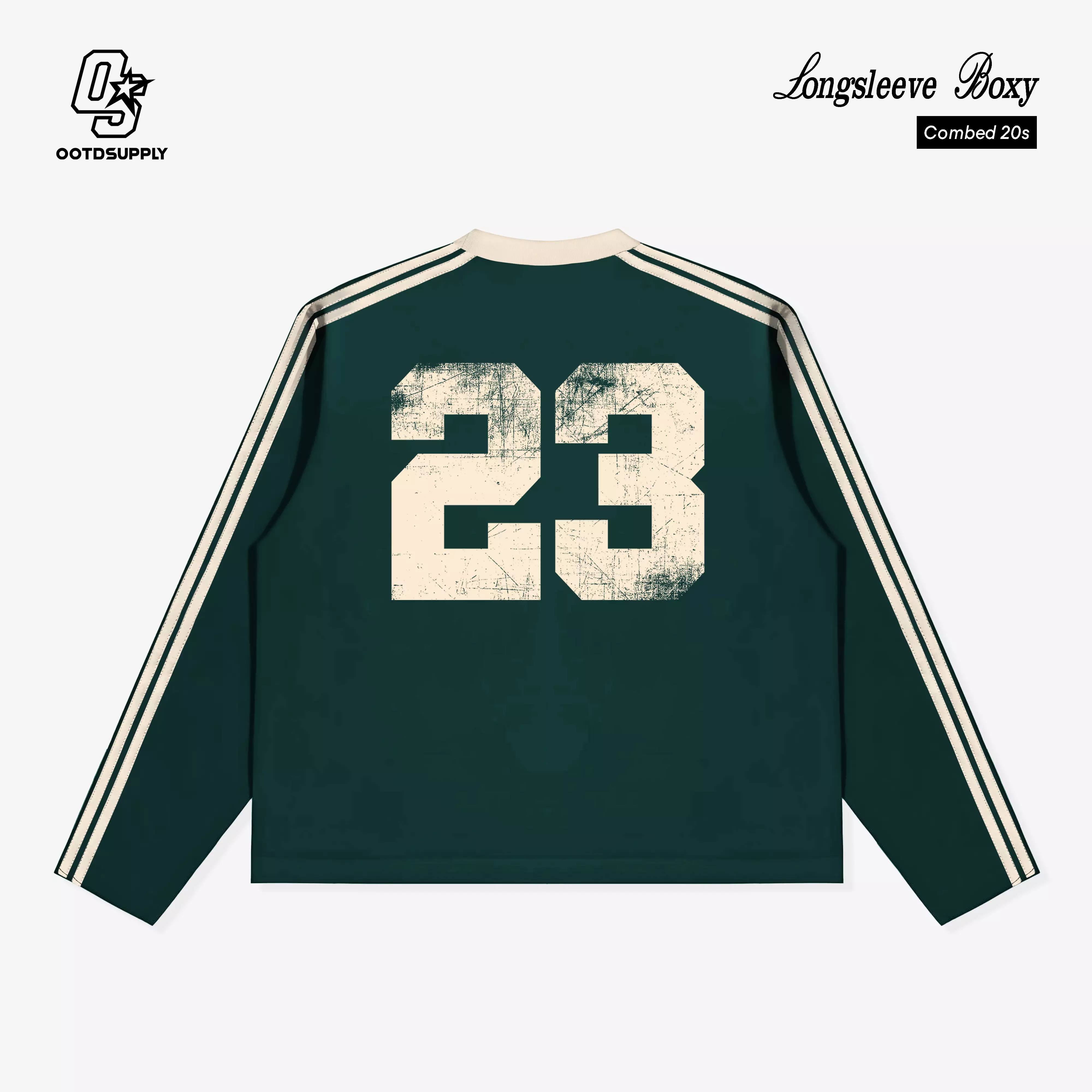 OOTDSUPPLY Longsleeve Boxy Double Stripe Iconic 23 Black & Dark Army l Oversize T-Shirt Lengan Panjang l Kaos Kerah I Kaos Stripe | LSBX003