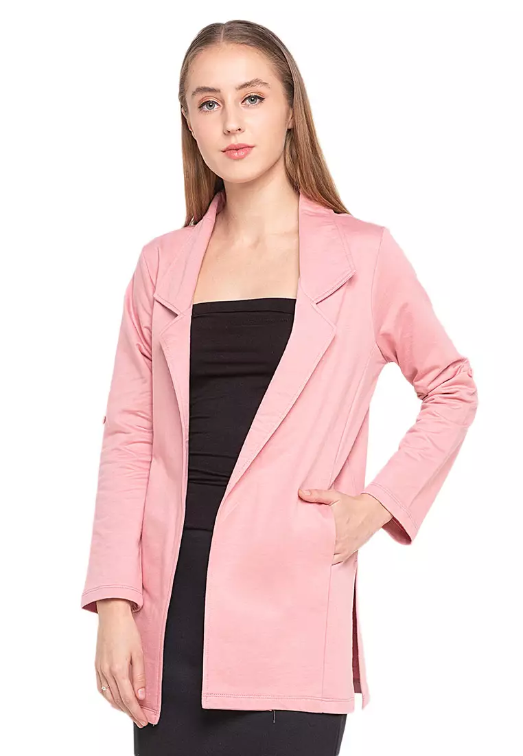 Cleve Blazer Plain Long Sleeves Atasan Wanita Design Kasual Open Front Style - Pink