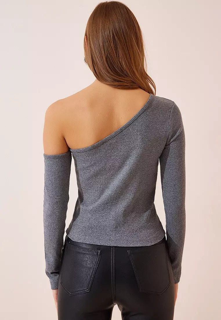 Open Shoulder Ribbed Blouse