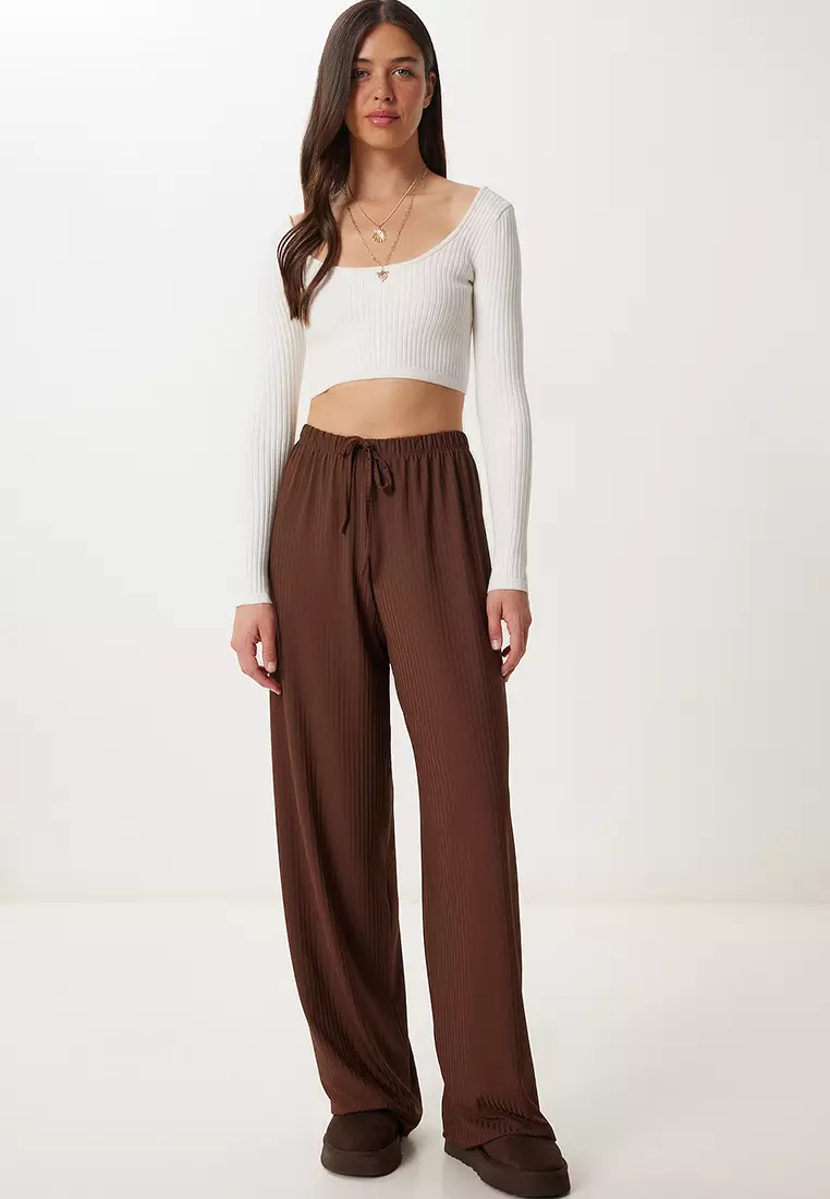 Women's Black Wide Leg Comfortable Knitted Trousers Pb00054