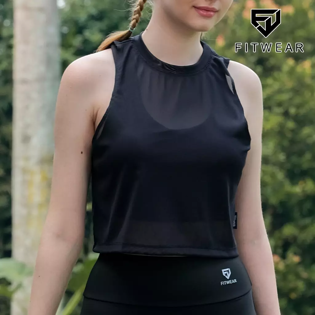 Fitwear - Tanktop Crop Jaring / Mesh / Sheer Olahraga SUNNY OUTER CROP - BLACK