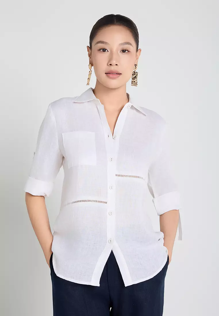 Linen Button-Up Shirt with Lace Accents
